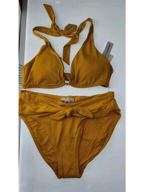 Robin Piccone Mustard Yellow Halter Triangle Bikini Set Gold Hardware NWT M